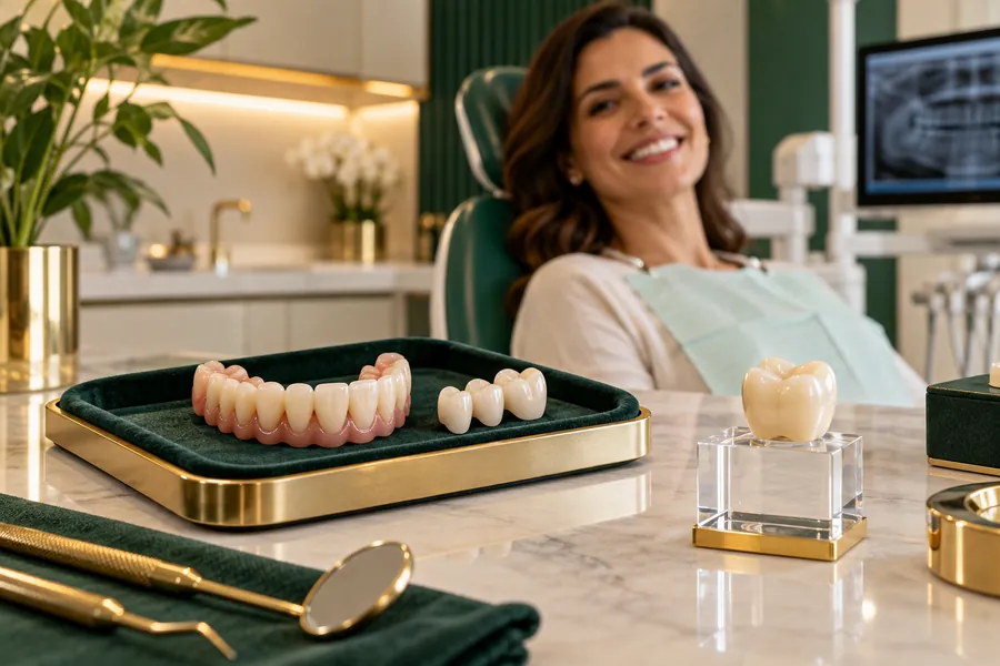 Próteses dentárias e coroas em ambiente clínico